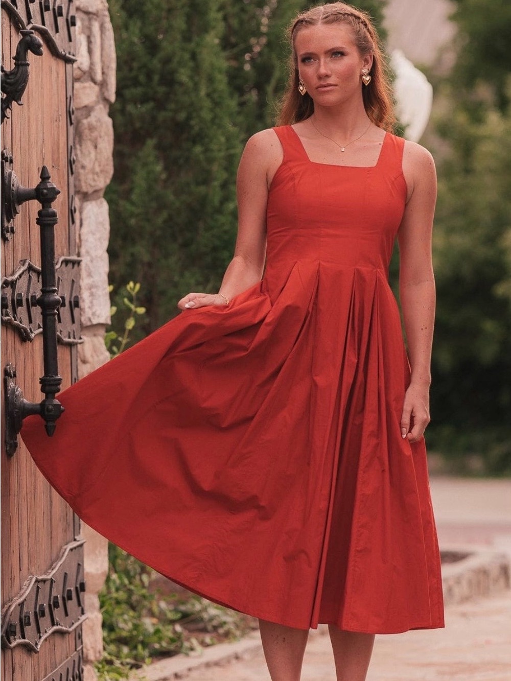 JessaKae Quinn Square-Neck Sleeveless Midi Dress in Red-Orange